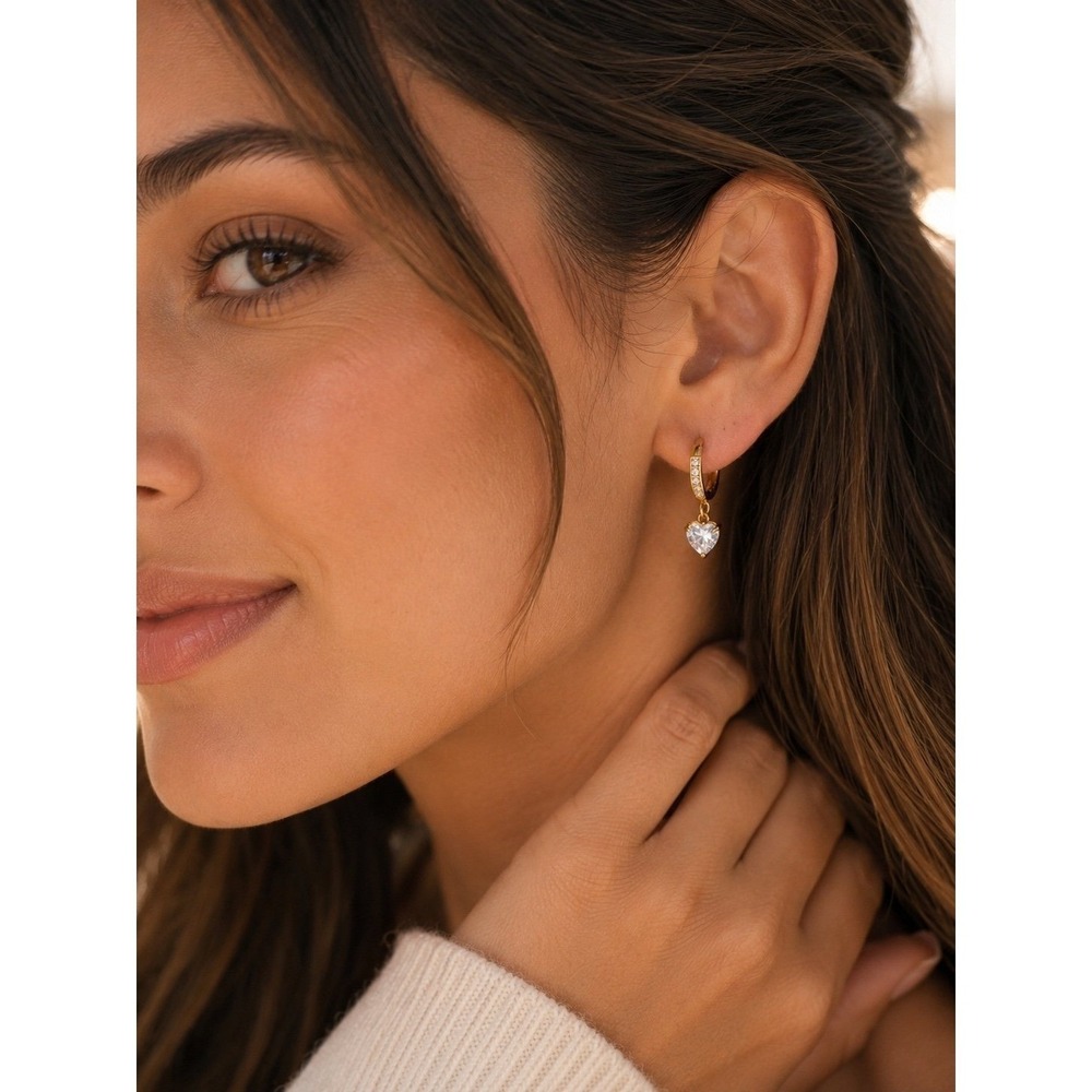 Gold Tone Heart Charm Huggie Hoop Earrings Dainty Rhinestone